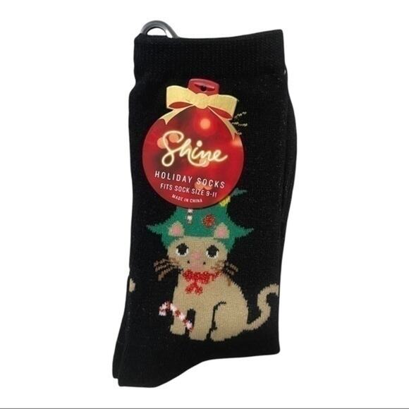 Holiday Socks Cat and Candy Cane Black Crew Length - Picture 2 of 5